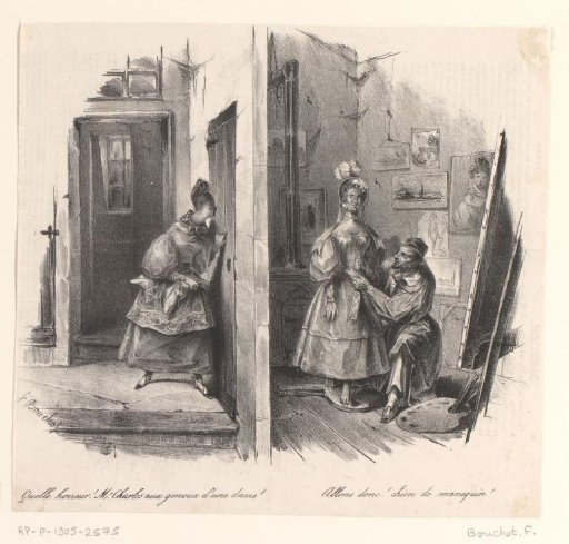Young woman spying on a painter in his studio