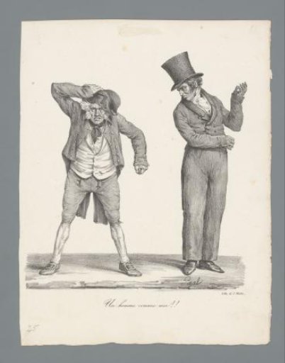 Two standing men with hats, one with legs apart