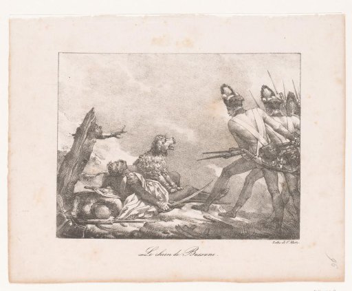 Soldiers aiming at a dog among fallen soldiers during the Battle of Bassano