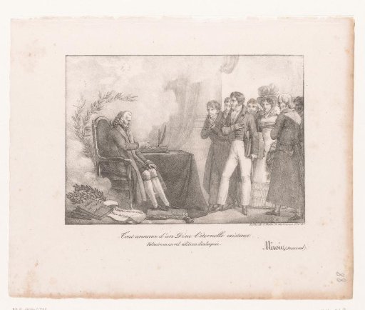 Voltaire sitting on a chair talking to a group of people