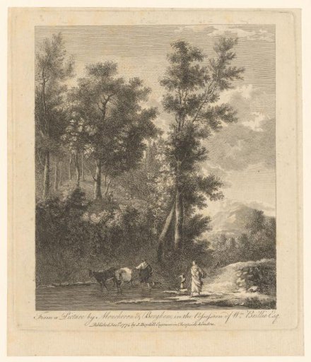 Shepherd Crossing a Stream with Two Cows