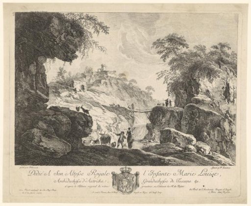 Ruined landscape with shepherds by a small waterfall