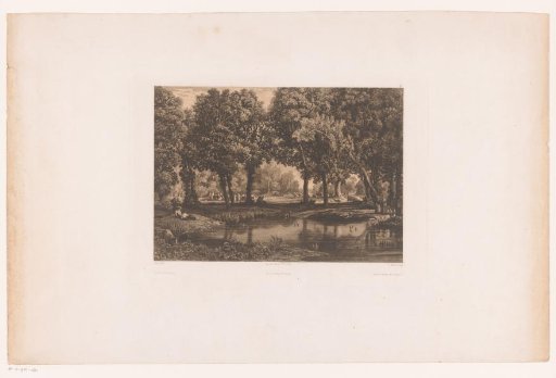 Landscape with a pond and dancing figures in the background