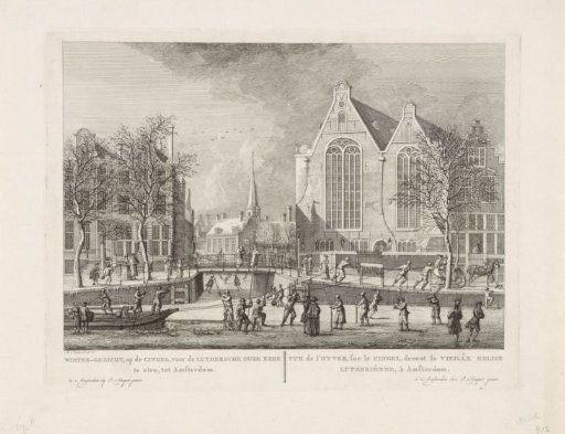 Winter view of the Singel, in front of the Oude Lutherse Kerk in Amsterdam