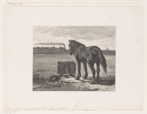 Horse in a Meadow with a Steam Train on the Horizon