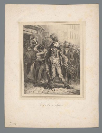 Men with hats bearing numbers, left: a kissing man and woman