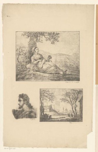 Three scenes: landscape with resting woman and child, Christ and a winter landscape