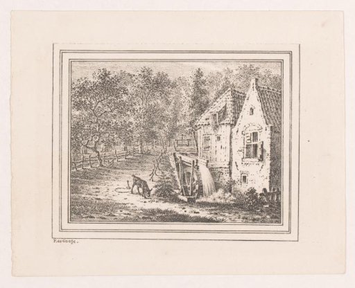 Landscape with a watermill and a grazing goat on a leash