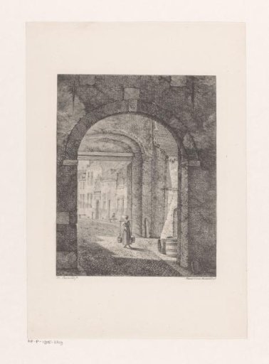 Girl with two buckets under a city gate