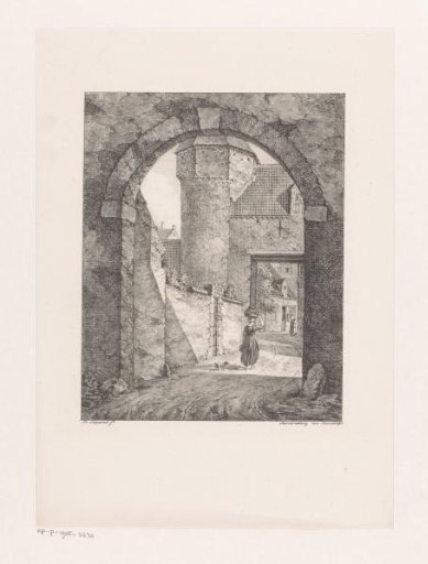 City gate with woman and dog