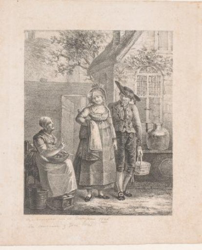 Old woman speaking to a young couple