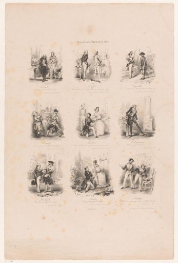 Nine scenes with figure groups in an interior