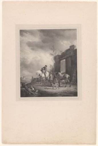 Landscape with two men and horses at a gate