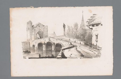 View of a bridge with a gate, in the background a church