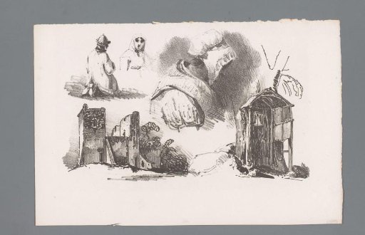 Three figures and two ruins