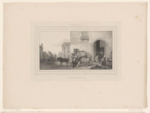 City view with a wagon being loaded with household goods