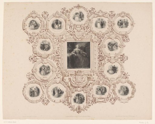 Portrait of Louise Marie of Orléans with ornamental frame with various scenes