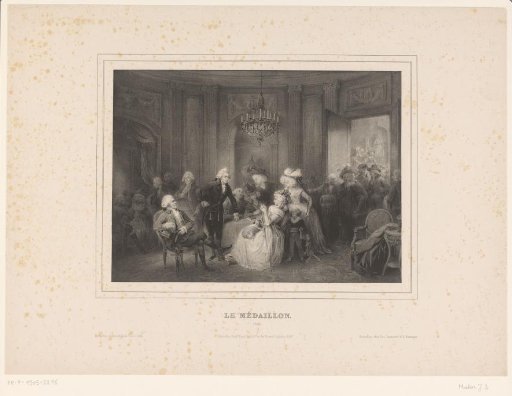 Woman in a large company viewing a medallion