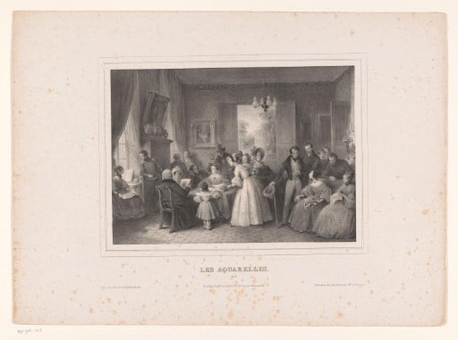 Company viewing watercolours in a richly decorated interior