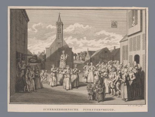 Girl with a Flute (Pinksterblom) carried on a bier by four girls during the Whitsun Festival in Schermerhorn