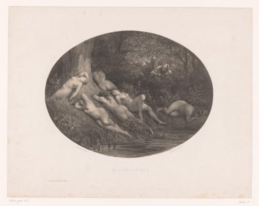 Satyr spying on six sleeping nymphs in a forest