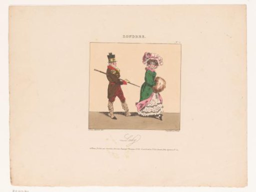 Man with a stick follows a young woman with a lavish hat and muff
