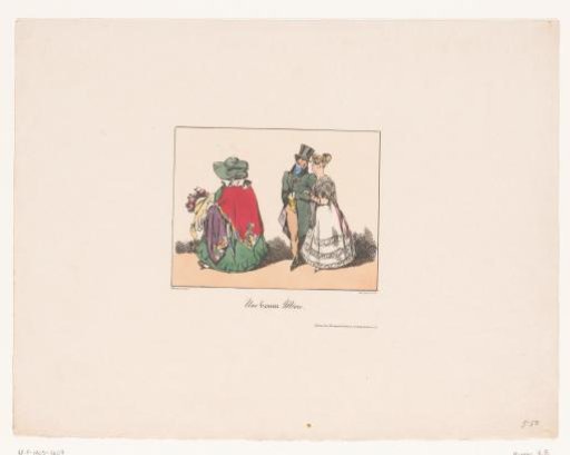 Woman with hat carries a bouquet of flowers while a young man and woman follow her arm-in-arm