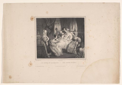 Bride in bed with man and women in a room