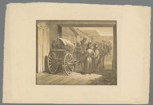 Four men by a loaded wagon with horses