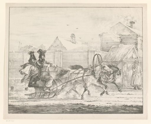 Sled drawn by horses at full speed