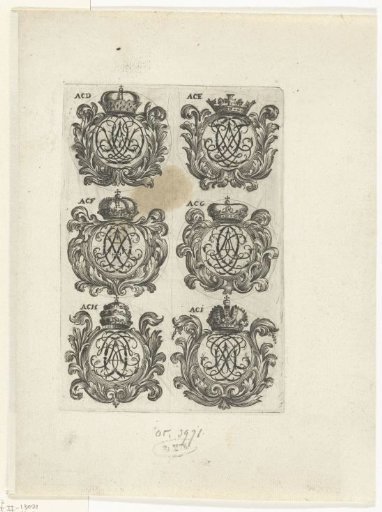 Six Crowned Cartouches with Letter Monograms (ACD-ACI)