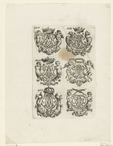 Six crowned cartouches with letter monograms (ACK-AOP)