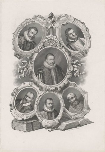 Six portraits in medallion: Filips van Marnix, heer van Sint-Aldegonde, Huibert Duifhuis, Willem I, prince of Orange, Jean Taffin, Hadrianus Junius and Petrus Dathenus