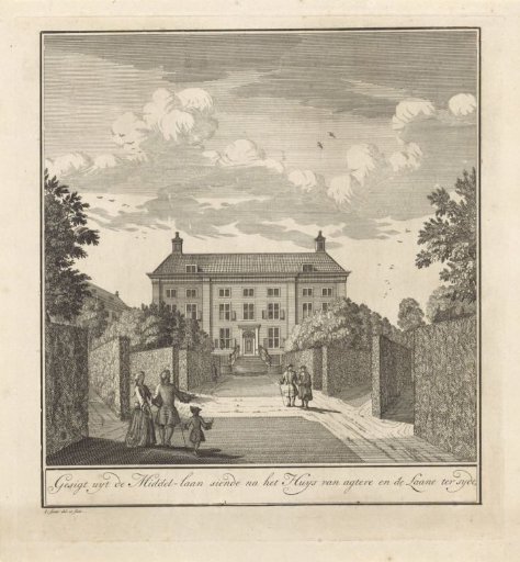 View of the rear facade and part of the garden of the Corvershof in Amsterdam