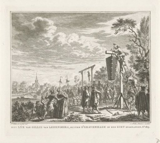 The corpse of Gillis van Ledenberg hung in a coffin, 1619