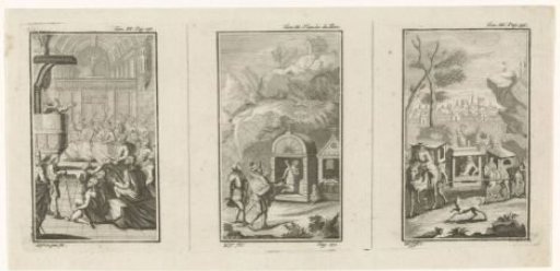 Three book illustrations with scenes of courtiers