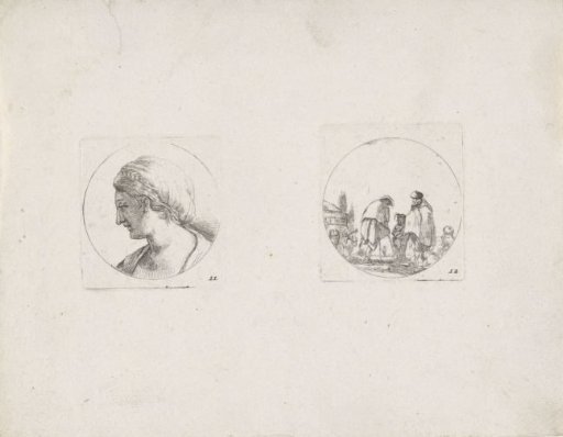 Female bust in profile to the left and scene with beggars on crutches