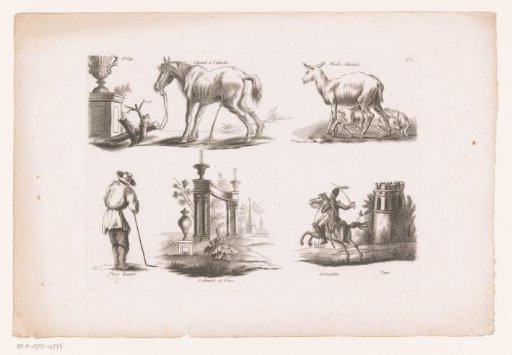 Five different scenes including a sheep and a soldier