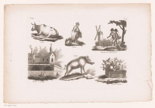 Six different scenes including a milkmaid and a pig