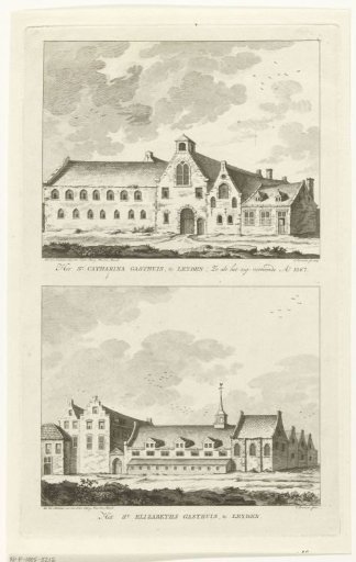 Two views of monasteries in Leiden: Catharina Hospital from 1567 and Elisabeth Hospital