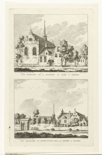Two views of monasteries in Leiden: monastery of the Sisters of Rome and monastery of Sint-Hiëronymusdal or de Lopsen