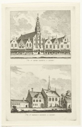 Two views of monasteries in Leiden: Jacob Hospital and Barbara Hospital