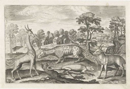 Depiction of a giraffe, chameleon, civet cat and antelope