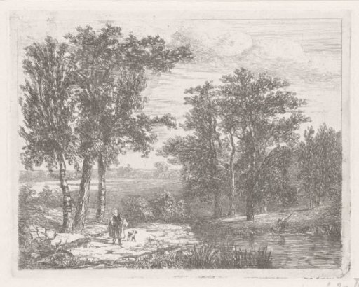 Woman and dog at the edge of the woods