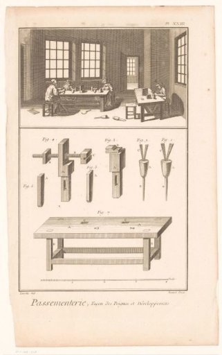 Workshop of a carpenter with explanatory drawing
