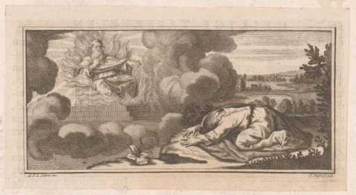 Allegorical or Biblical representation with kneeling figure before man on throne with flames
