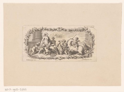 Allegorical representation with a woman, putti, a unicorn, and a lamb
