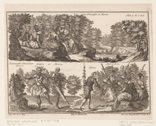 Two theater scenes with figures in a wooded landscape