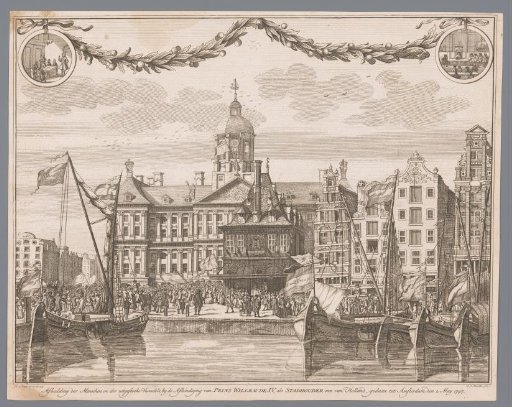Crowd on the Dam in Amsterdam celebrating the proclamation of William IV as stadtholder