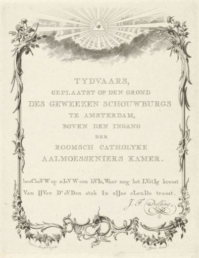 Inscription on the construction of the Roman Catholic almoner's office on the site of the burnt-out theatre on the Keizersgracht in Amsterdam, 1773